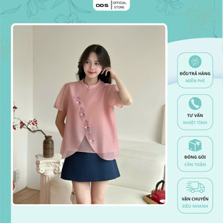 Áo Tơ Hồng ODS thiết kế cổ tàu thân trước 2 lớp, lớp ngoài thêu hoa dọc theo nút đính tay ngắn trẻ trung - SIB86