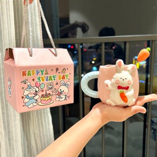 Cốc uống nước cốc sứ hình thỏ dễ thương làm quà sinh nhật quà tặng 400ml+thìa inox TTB 03
