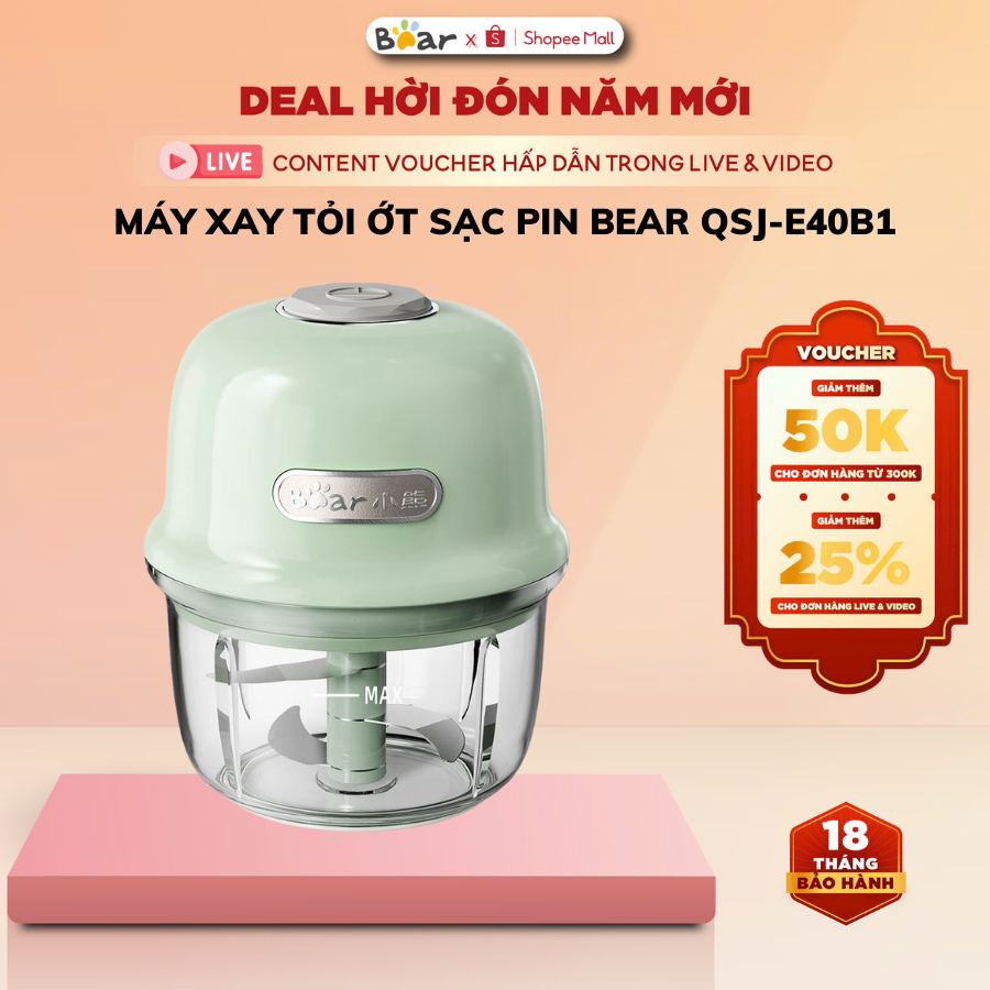 Máy xay tỏi ớt cầm tay mini 0.15L đa năng Bear QSJ-E40B1, 40W, Tích điện,3 Lưỡi dao inox,BH 18 Tháng