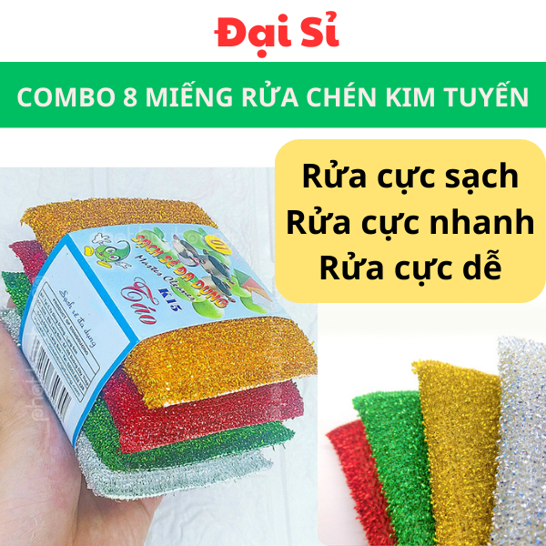 Combo 8 miếng mút rửa chén kim tuyến chất lượng cao, miếng cước rửa chén đa năng - Đại Sỉ