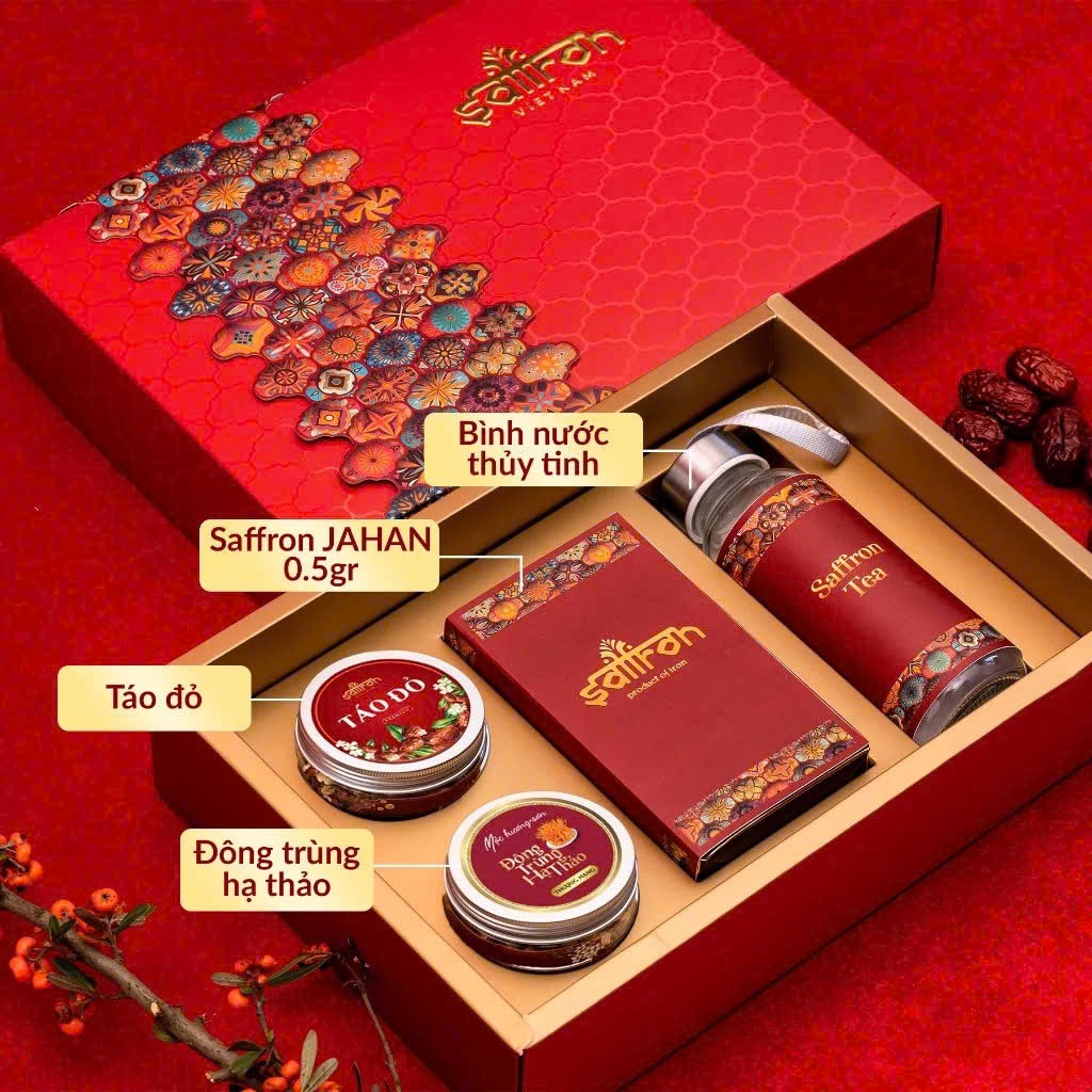 quà tặng  cao cấp Saffron VN Nhụy Hoa Nghệ Tây 0.5  đông trùng+ táo đỏ