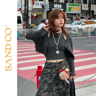Set áo cardigan croptop SAND nữ tay dài có nút kèm áo ba lỗ dáng ôm thêu logo nổi Hàn Quốc  - SAND LILA SET VER2