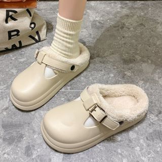 Dép sục lót lông nữ quai khoá cài phối màu đơn giản phong cách mùa đông 2025