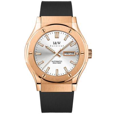 Đồng hồ nam chính hãng I&W Canrival 55851G1-S7 Viền vàng, Kính sapphire,chống nước 50m,máy cơ Automatic,dây cao su