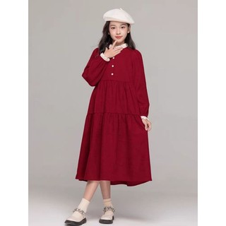  Váy nhung tăm đỏ dài tay thu đông bé gái lớn. Size đại đầm trẻ em 6 7 8 10 11 12 13 14 15 tuổi 