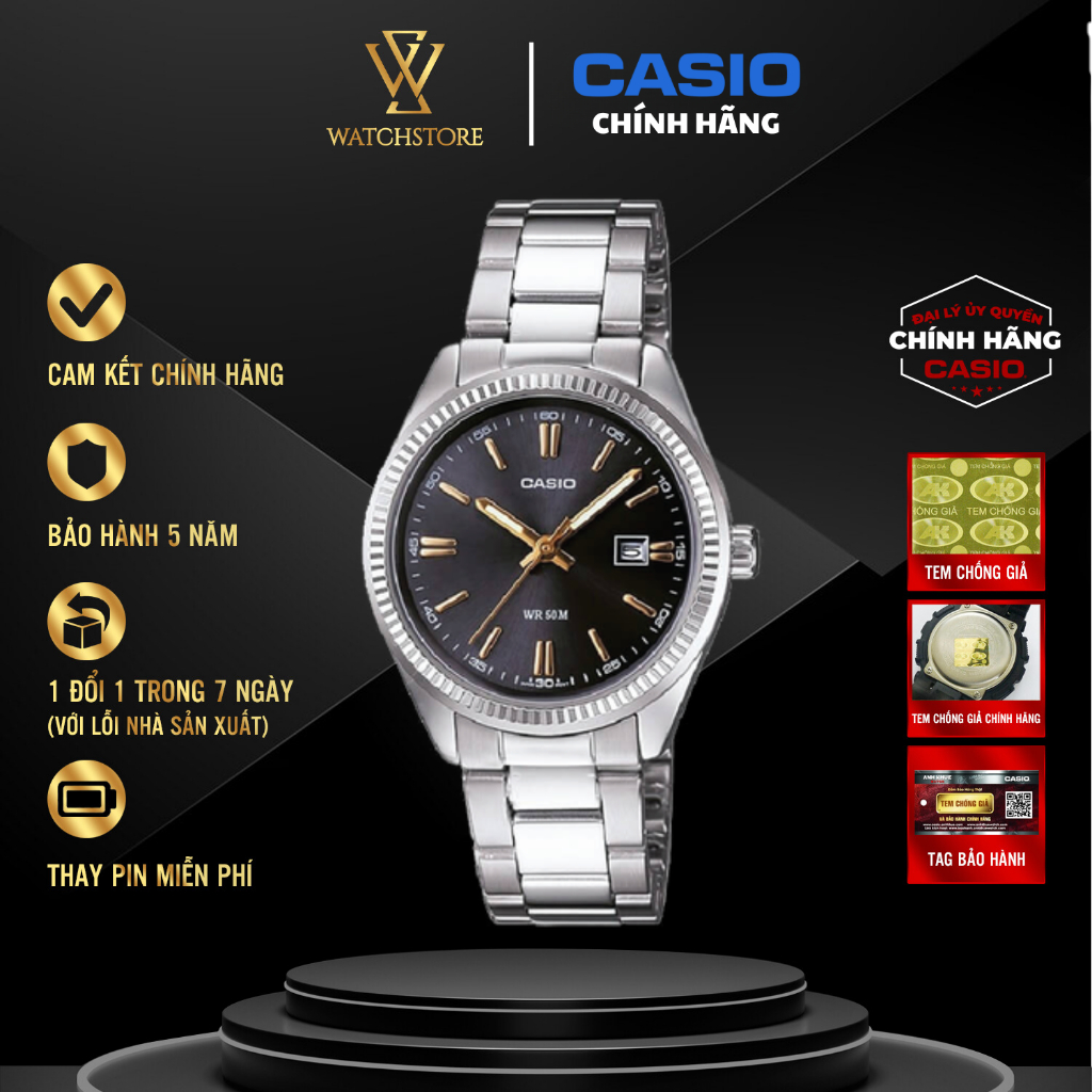 Đồng Hồ Nam Casio MTP-1302D-1A2VDF Mặt Đen Kim Vàng Dạ Quang Kính Khoáng 38.5mm Chống Nước Dây Kim L