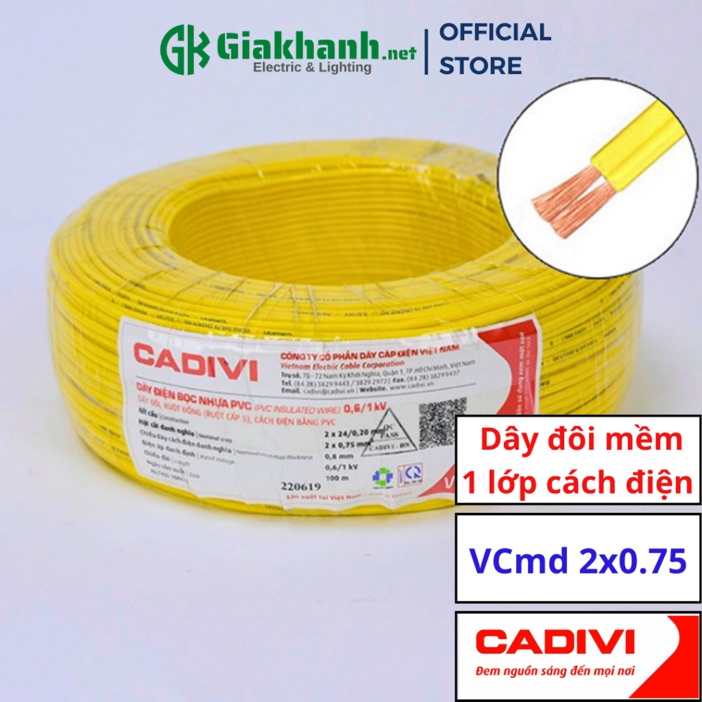 Dây Điện Đôi Mềm, 1 Lớp Cách Điện Cadivi VCmd 2×0.75 – 0,6/1kV