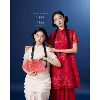  Áo Dài  Sườn Xám Ngắn Đỏ  Kem GIAO HOA Hội Vintage 