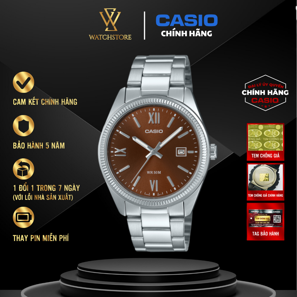 Đồng Hồ Nam Casio MTP-1302DD-5AVDF Dạ Quang Mặt Nâu Đỏ Kính Khoáng 38.5mm Chống Nước Dây Kim Loại Kh