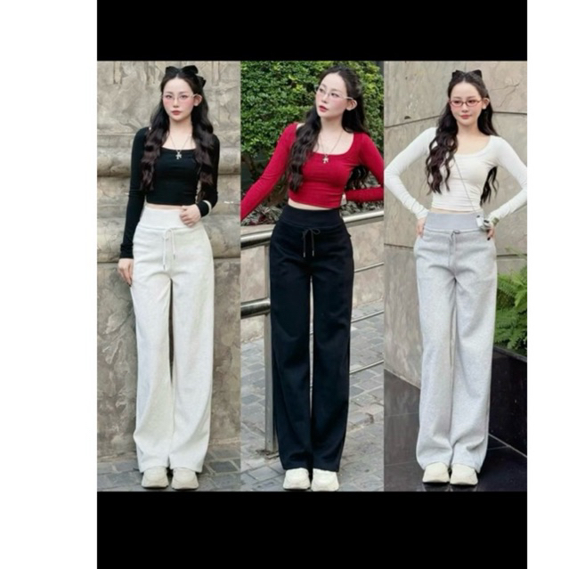 Quần Nỉ Ống Rộng Chất Nỉ Ép Mịn Cạp Cao Bo Chun Nữ 2024 Pants Women Nữ