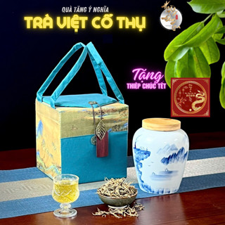 Hộp Trà Tết Quà Tặng Bình Gốm Cảnh Đức Đựng 135Gr Chè Ngon Thượng Hạng Shan Tuyết & Thái Nguyên Biếu Khách Hàng Đối Tác