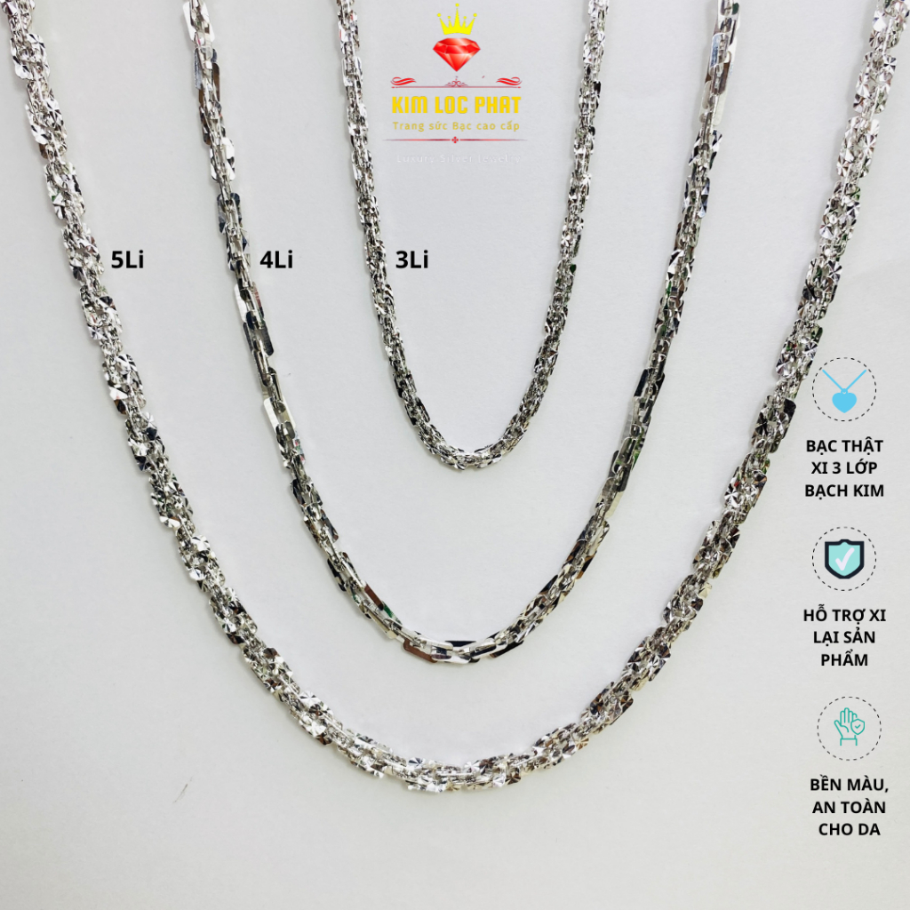 Dây chuyền bạc nam nữ xi bạch kim xoắn vuông chạm 3-8li, Vòng cổ bạc nữ, Dây chuyền xoắn 45-50cm bạc