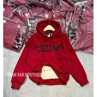 Áo Hoodie Celine Đỏ Đô Đính Đá Chất Nỉ Nhung Quảng Châu - Áo Hoodie Nam Nữ Celine Chất Nỉ Nhung Phong Cách Hot trend2025