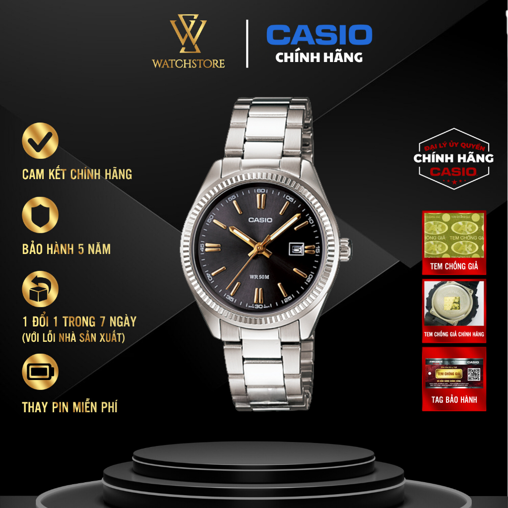Đồng Hồ Nữ Casio LTP-1302D-1A2VDF Mặt Đen Kim Vàng Dạ Quang Kính Khoáng Size 30.2mm Chống Nước Dây K