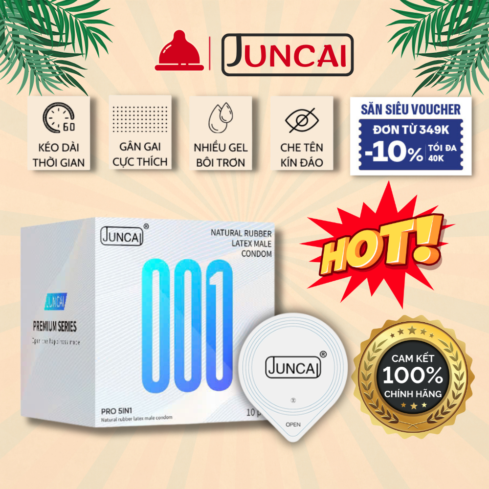Bao Cao Su Juncai Siêu Mỏng Cao Cấp, Chính Hãng Giá Rẻ, An Toàn - Gân Gai, Nhiều Gel Bôi Trơn, Kéo Dài Thời Gian, 10 BCS