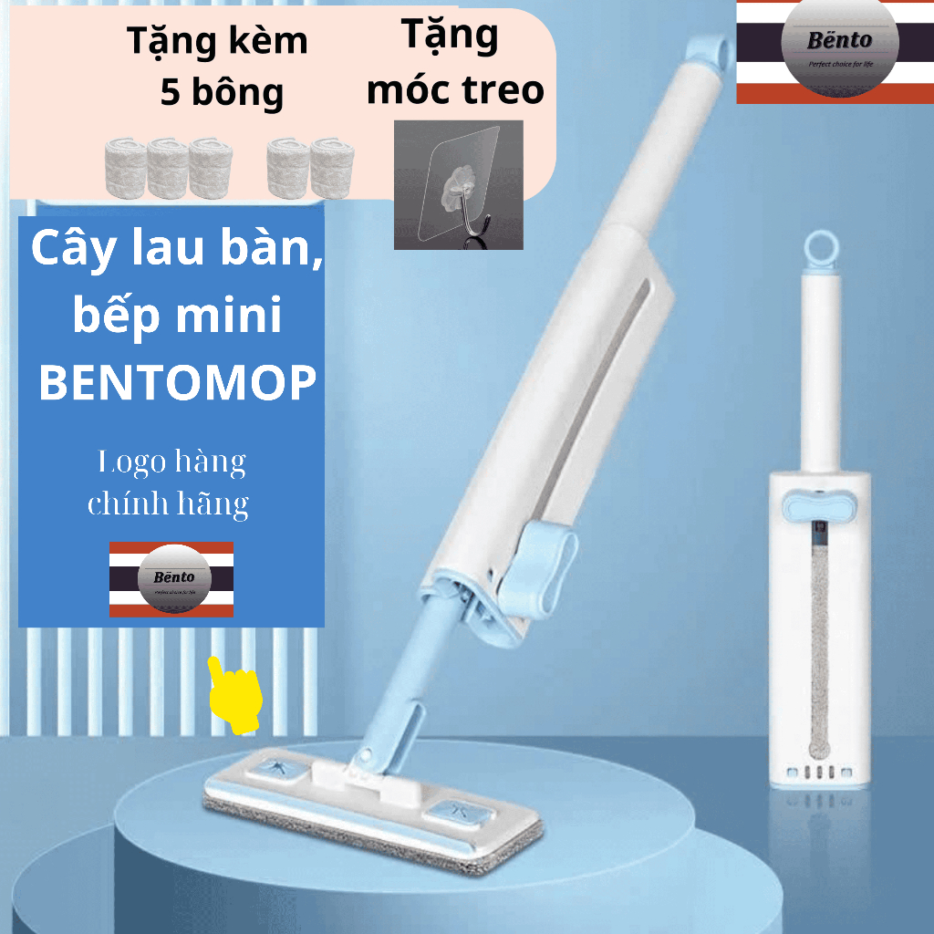 Bentomop (tặng thêm 4/3/2 bông lau+ 1 móc treo/1 cây )Cây lau tự vắt Mini lau bếp, kính,gạt nước - bông thấm hút tốt.