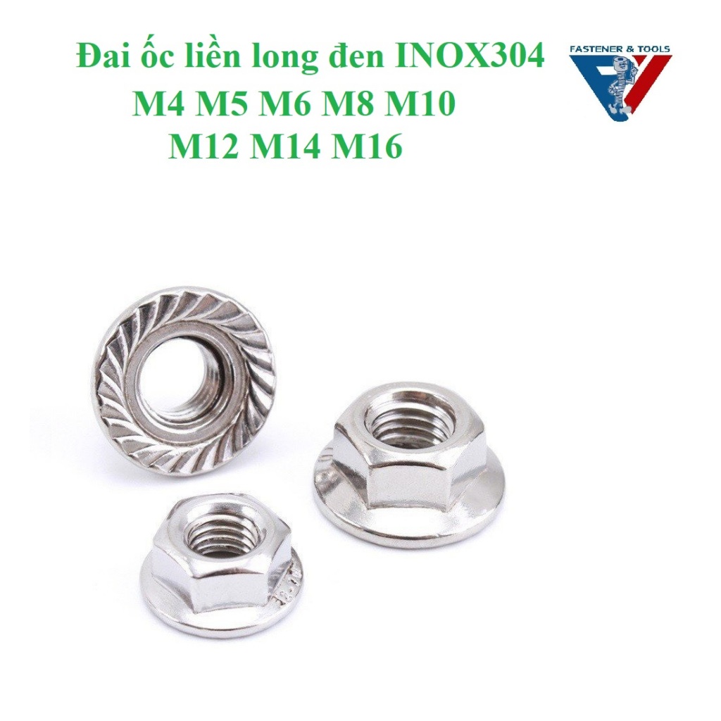 (INOX304) M4-M16 Đai ốc liền long đen, ecu liền vành Inox304 M4-M16
