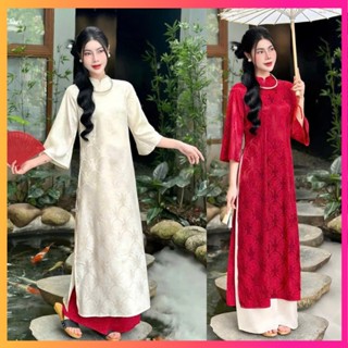 Áo Dài Gấm Suông Họa Tiết Hoa Thọ Cao Cấp Mặc Tết Đẹp Hàng May Sẵn