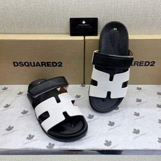 Dép lê hai quai ngang nam nữ Hơ Mẹc da Pu quai trơn sần hình chữ H phối đen trắng đế nổi logo chữ XD13P