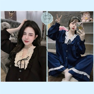 Đồ Ngủ Nữ, Đồ Bộ Tiểu Thư JULY Cổ V Ren Thô Cột Nơ Kiểu Dáng Baby Doll Tay Phồng Chất Lụa Latin Mịn Mượt Freesize <58kg