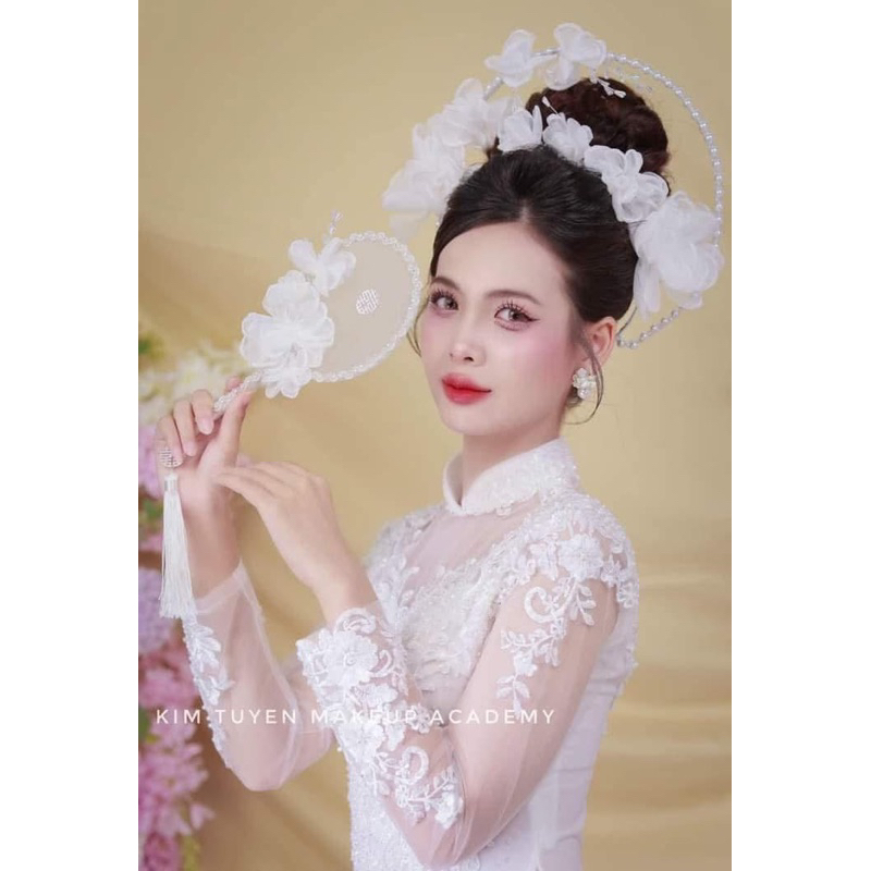 Mấn cài tóc cô dâu hoa voan, hoa đá sánh lấp lánh Tv256