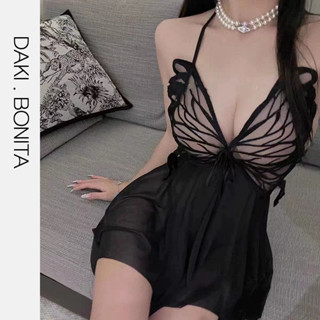 Bộ đồ váy ngủ nữ xuyên thấu sexy DK99 kiểu đầm cổ yếm thiết kế hình bướm hở lưng kèm quần lót khiêu gợi.