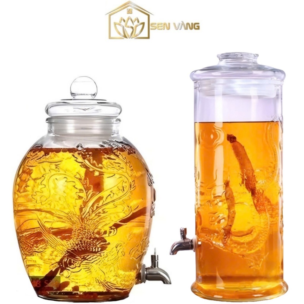  Bình thủy tinh ngâm rượu có van vòi - 6 8 10 15 19 25 lít - Hình trụ chum bầu rồng phượng 