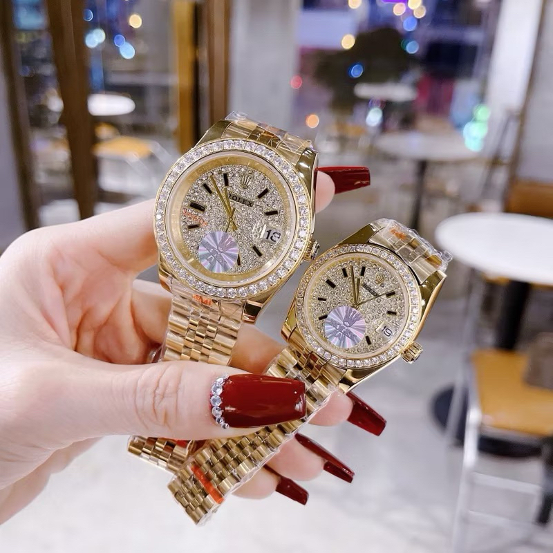 Combo đồng hồ đôi dây kim loại đeo tay chống nước cao cấp R0lex nam 40mm nữ size 32mm fullbox