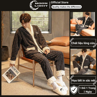 Bộ Đồ Ngủ Nam Dài Tay bộ Pyjama Lông Cừu Dày 2 Mặt Dặn Ấm Áp Thời Trang Mùa Đông Cho Nam