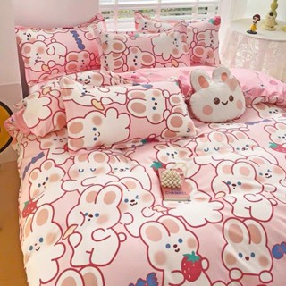Bộ ga trải giường và vỏ gối chăn phao trần bông 5 món cotton poly thỏ hồng cute , đủ kích cỡ nệm