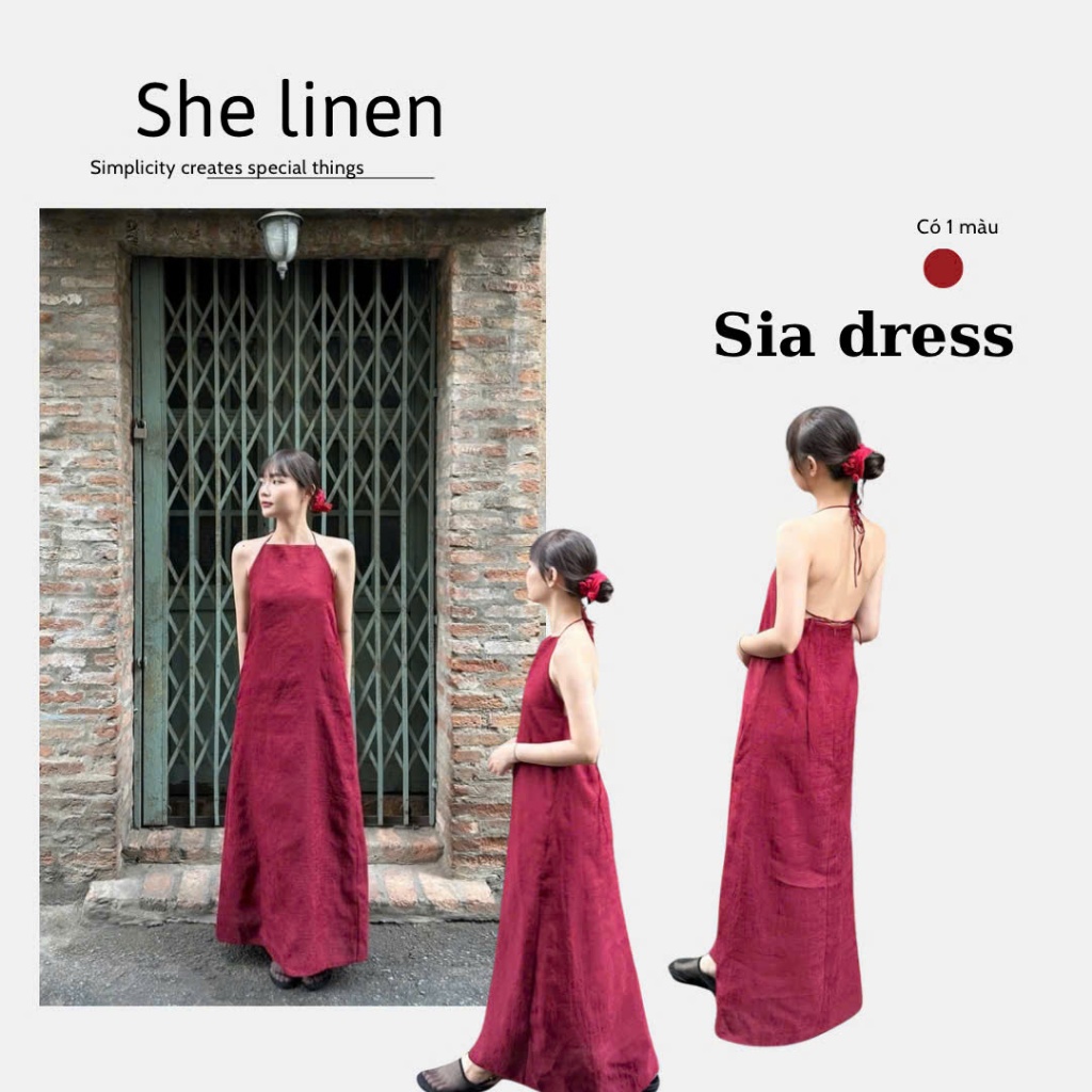 SIA DRESS- Đầm Yếm Dài Hở Lưng Linen, Đầm Maxi Hở Lưng She linen