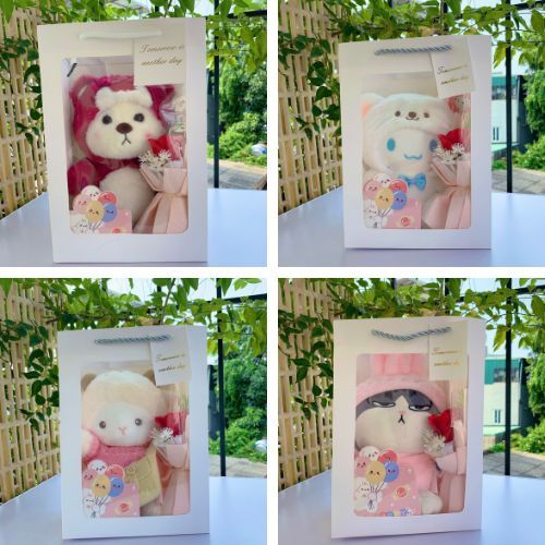 Túi Set Quà Tặng Gấu Bông và Hoa, Thiệp, Đèn led Valentine 14/2 8/3 Noel Chúc Mừng Sinh Nhật tặng bạ