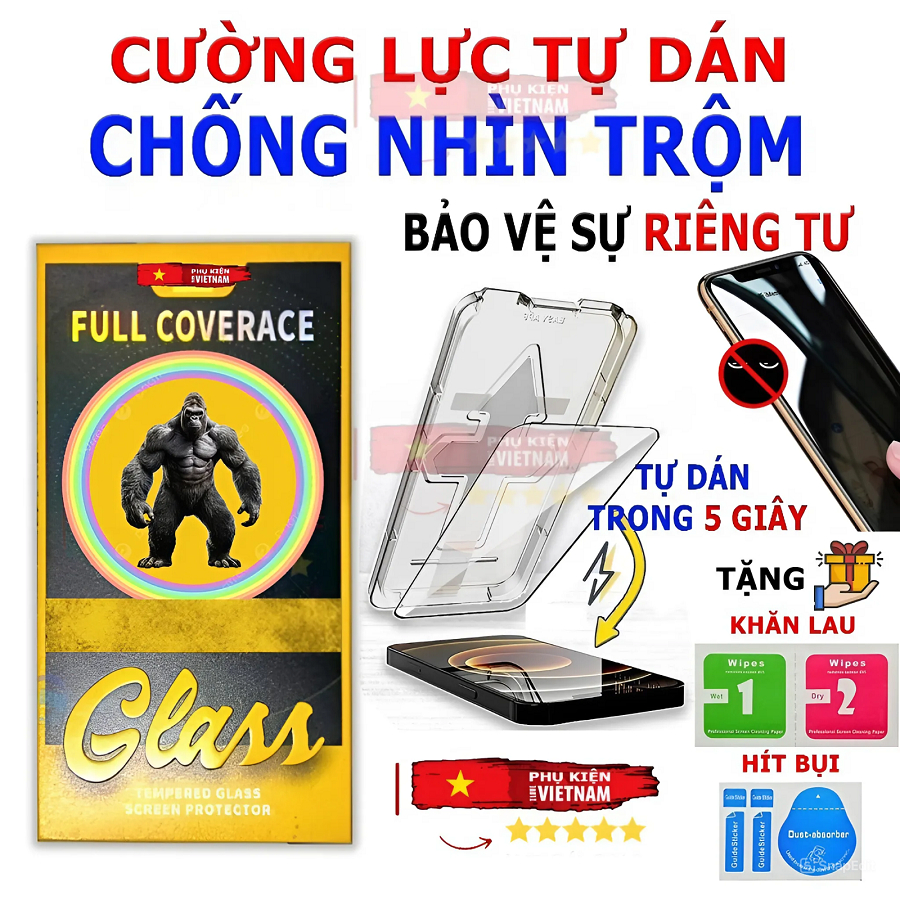 Kính Cường lực iphone chống nhìn trộm X/ XS/ XR/ XS MAX/ 11/ 12/ 13/ 14/ 15/ 16/ 17 Pro/ Promax/ Plus Khung Tự Dán