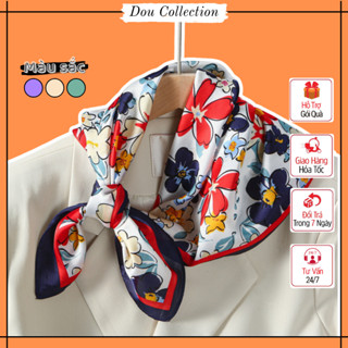 Khăn Lụa Vuông Unisex, Khăn Turban Họa Tiết Hoa 5 Cánh Phối Viền Đậm Màu Thời Trang Xuân Hè - Size 70x70cm - Mã KL056