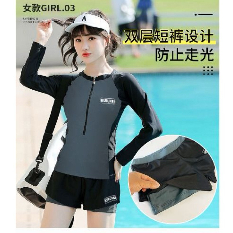 Set Đồ Bơi Nữ 2 Mảnh BKN083 Tay Dài Khóa Kéo Quần Đùi 2 Lớp Kín Đáo Chống Nắng Phong Cách Thể Thao | BigBuy360 - bigbuy360.vn