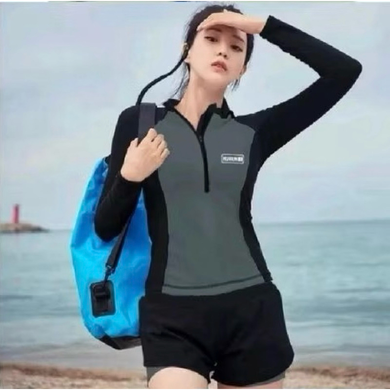 Set Đồ Bơi Nữ 2 Mảnh BKN083 Tay Dài Khóa Kéo Quần Đùi 2 Lớp Kín Đáo Chống Nắng Phong Cách Thể Thao | BigBuy360 - bigbuy360.vn