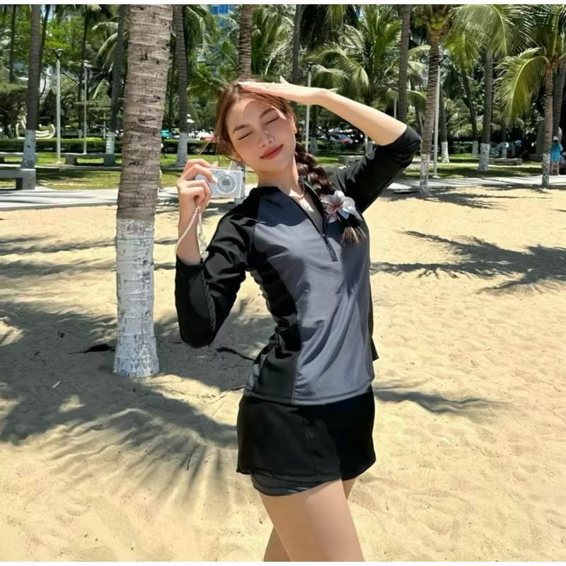 Set Đồ Bơi Nữ 2 Mảnh BKN083 Tay Dài Khóa Kéo Quần Đùi 2 Lớp Kín Đáo Chống Nắng Phong Cách Thể Thao | BigBuy360 - bigbuy360.vn