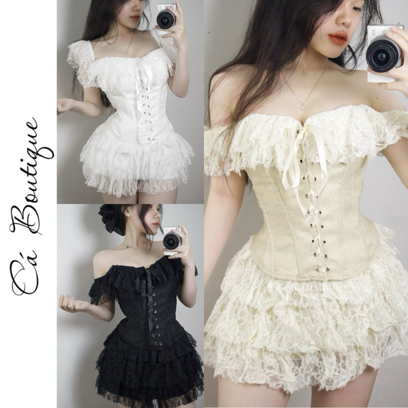 ( Có Bigsize ) SÉT ÁO CORSET GẤM TRỄ VAI "ĐAN DÂY RÚT EO"+ CHÂN VÁY REN SANG CHẢNH ĐI CHƠI ĐI TIỆC (có gọng định hình).