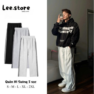 Quần 3 Sọc Ống Rộng Form Suông Unisex Nam Nữ Vải Nỉ Cotton Kèm Dây Rút Gấu Thế Thao LEE.STORE Menswear
