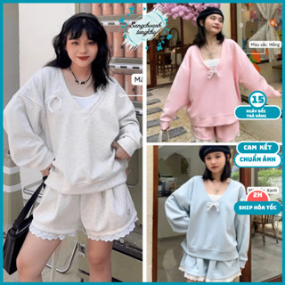 Set đồ nữ form rộng, áo Sweater cổ V kèm quần short phối viền ren năng động chất liệu nỉ cao cấp