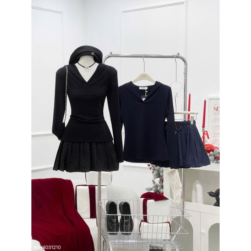 Set áo xanh đen có nón tay dài mix chân váy chấm bi cosy