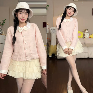 ( Cam Kết Chuẩn Ảnh ) Set Áo Tweed Tay Dài Màu Hồng Viền Ren Cổ Tiểu Thư Đính Nơ Kèm Chân Váy Tơ Voan Bèo Tầng