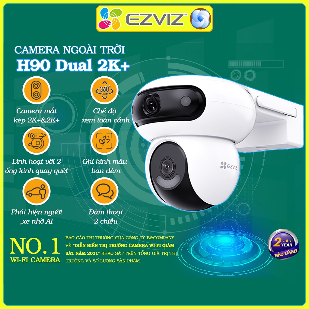 Camera ngoài trời 2 mắt xoay Ezviz H90 4MP+4MP chính hãng, màu ban đêm, xoay 360 độ