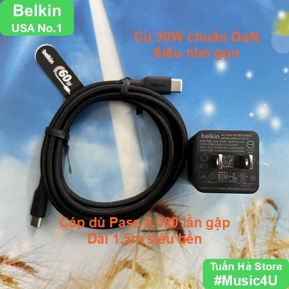 Bộ sạc cáp Belkin USB type C ra type C 30W BOOST↑CHARGE kèm cáp dù 60w 150 cm