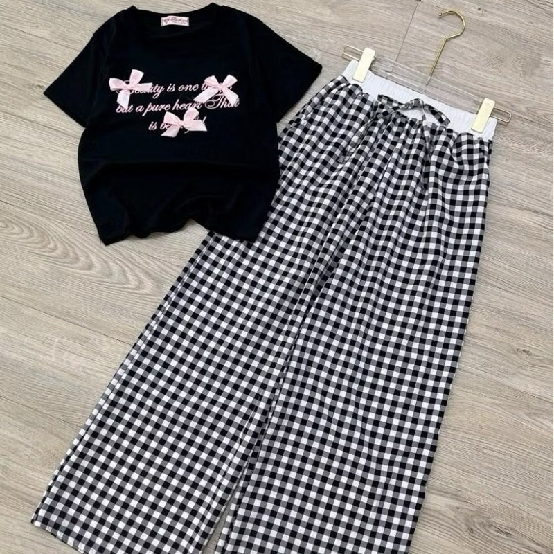 [ Rẻ vô địch ] Set bộ áo croptop mix quần kẻ caro cạp trắng - Ba chiêc nơ