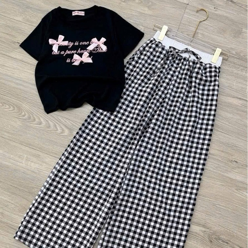 [ Rẻ vô địch ] Set bộ áo croptop mix quần kẻ caro cạp trắng - Ba chiêc nơ | BigBuy360 - bigbuy360.vn