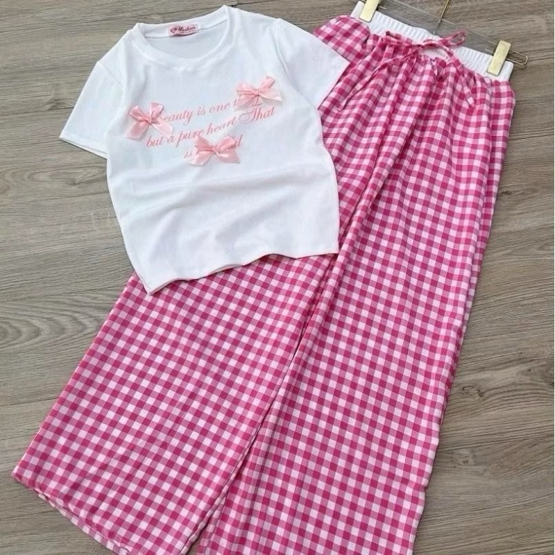 [ Rẻ vô địch ] Set bộ áo croptop mix quần kẻ caro cạp trắng - Ba chiêc nơ | BigBuy360 - bigbuy360.vn