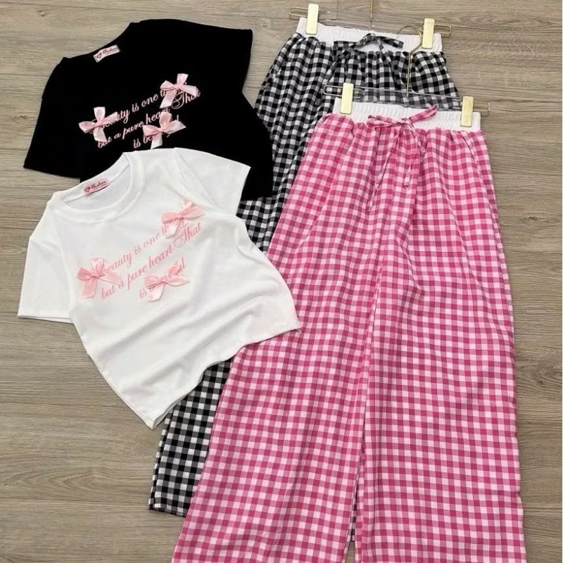 [ Rẻ vô địch ] Set bộ áo croptop mix quần kẻ caro cạp trắng - Ba chiêc nơ | BigBuy360 - bigbuy360.vn