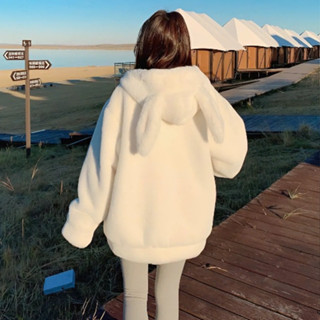 Áo khoác lông thỏ CÓ MŨ TAI THỎ dày dặn rộng thụng siêu xinh phong cách Hàn Quốc