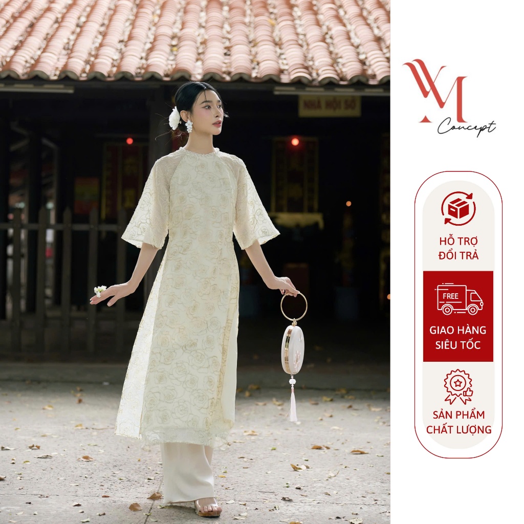 YM Concept Áo Dài Tết Cách Tân Dáng Suông Thêu Hoa Kim Tuyến Cổ Đính Ngọc Kèm Quần AD1030